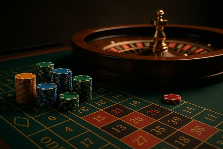 Online roulette table with spinning wheel and colorful chips